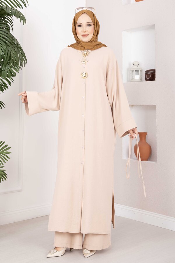 Gold Broşlu Uzun Tunik Pantolon Takım Bej - 3