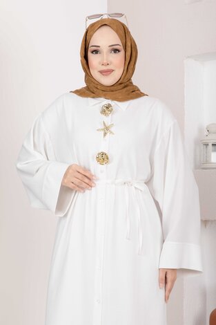 Gold Broşlu Uzun Tunik Pantolon Takım Ekru - Thumbnail