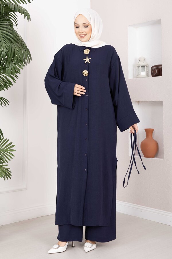 Gold Broşlu Uzun Tunik Pantolon Takım Lacivert - 3