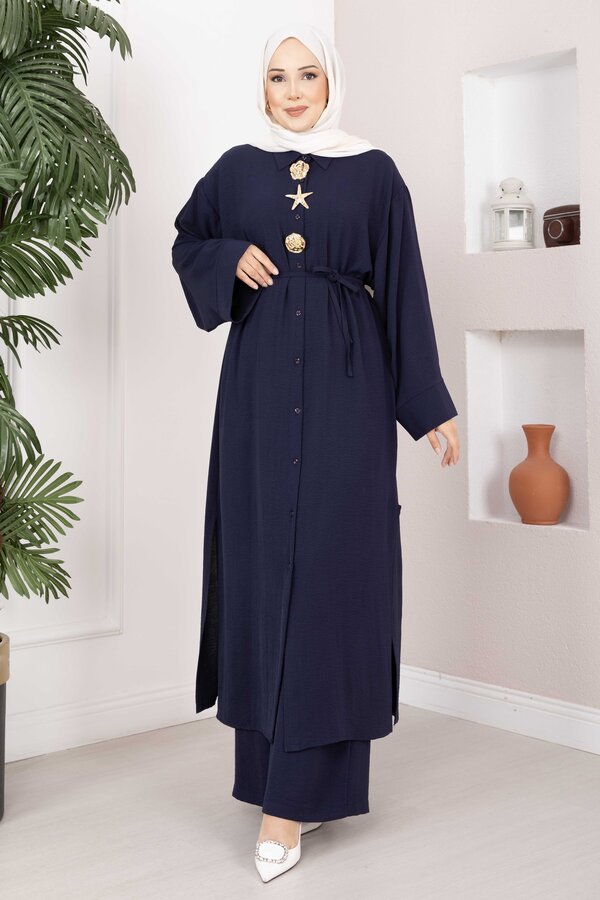 Gold Broşlu Uzun Tunik Pantolon Takım Lacivert - 4