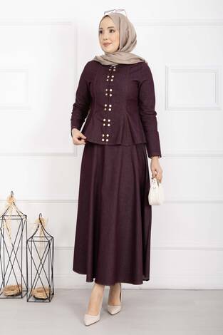 Gold Çıtçıtlı Tensel Kot İkili Takım Bordo - Thumbnail