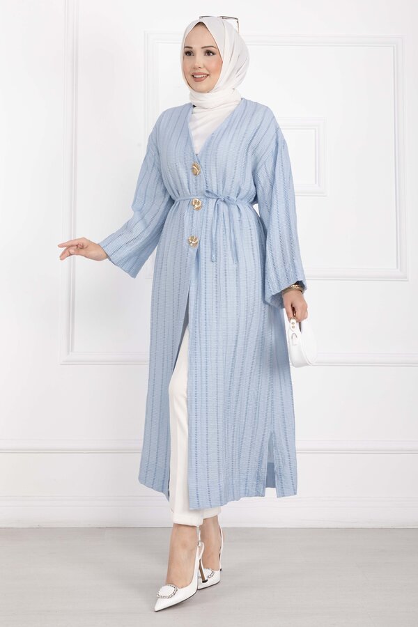 Gold Düğmeli Bağcıklı Uzun Kimono Bebe Mavisi - 3