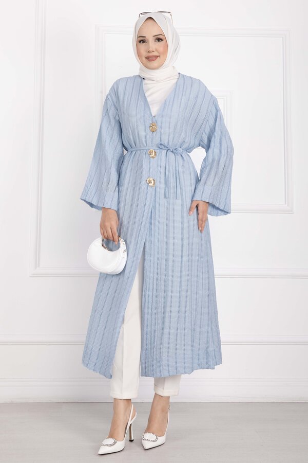 Gold Düğmeli Bağcıklı Uzun Kimono Bebe Mavisi - 4