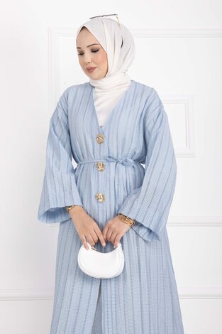 Gold Düğmeli Bağcıklı Uzun Kimono Bebe Mavisi - Thumbnail
