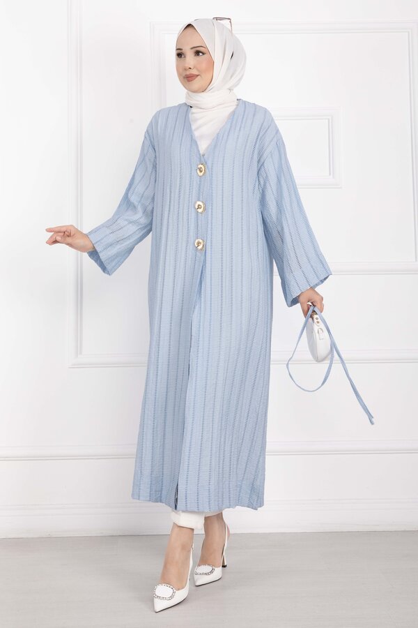 Gold Düğmeli Bağcıklı Uzun Kimono Bebe Mavisi - 5