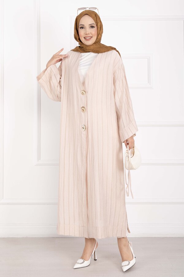 Gold Düğmeli Bağcıklı Uzun Kimono Bej - 3