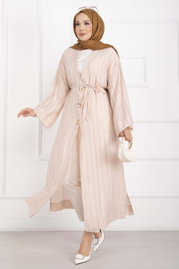 Gold Düğmeli Bağcıklı Uzun Kimono Bej - 4