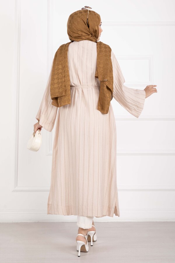 Gold Düğmeli Bağcıklı Uzun Kimono Bej - 5