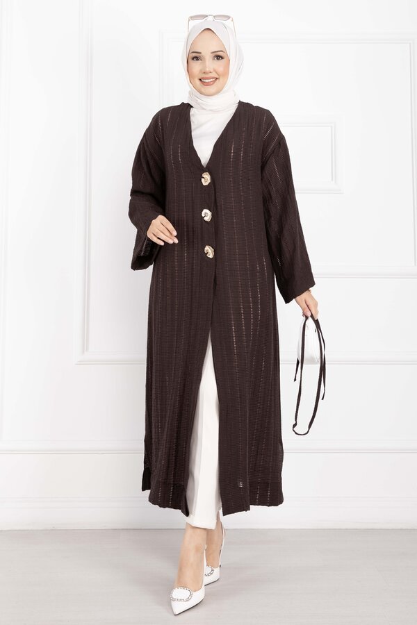 Gold Düğmeli Bağcıklı Uzun Kimono Kahve - 3