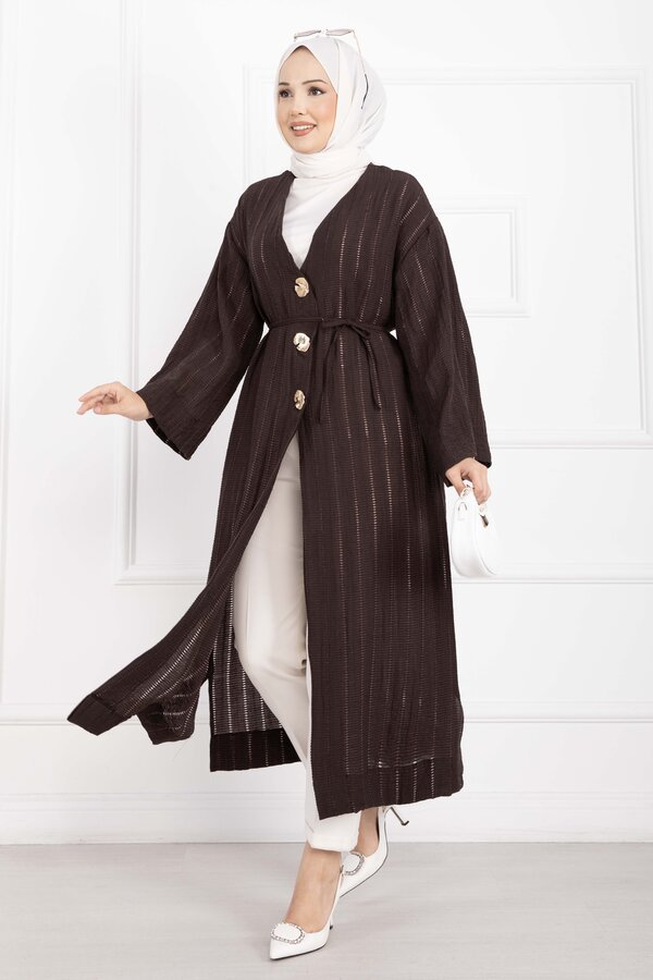 Gold Düğmeli Bağcıklı Uzun Kimono Kahve - 4