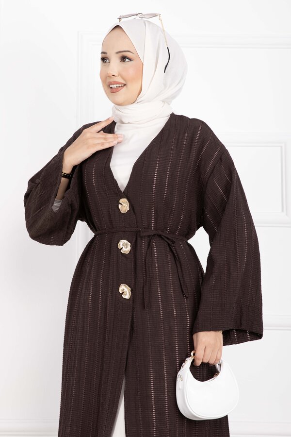 MD - Gold Düğmeli Bağcıklı Uzun Kimono Kahve (1)