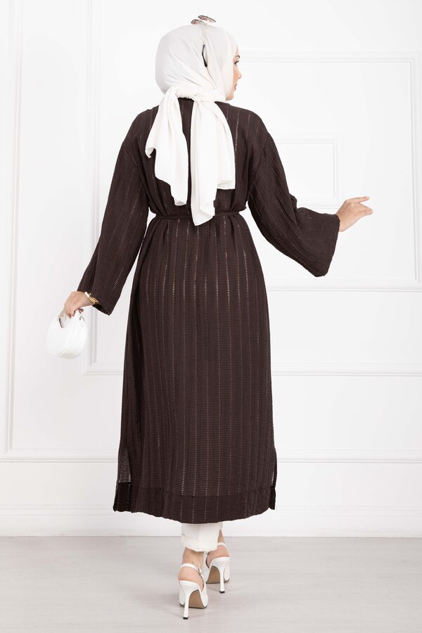 Gold Düğmeli Bağcıklı Uzun Kimono Kahve - 5