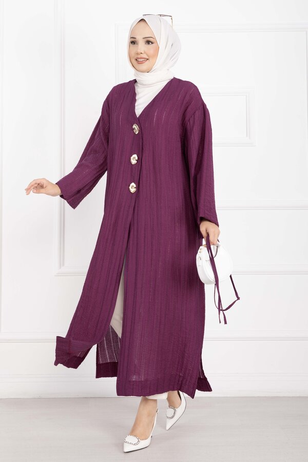 MD - Gold Düğmeli Bağcıklı Uzun Kimono Mürdüm