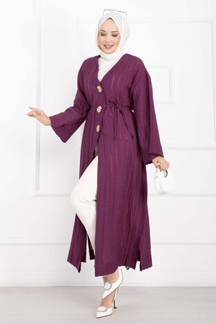 Gold Düğmeli Bağcıklı Uzun Kimono Mürdüm - Thumbnail
