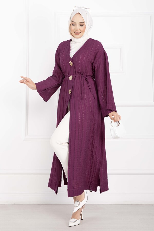 Gold Düğmeli Bağcıklı Uzun Kimono Mürdüm - 3