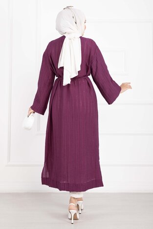 Gold Düğmeli Bağcıklı Uzun Kimono Mürdüm - Thumbnail