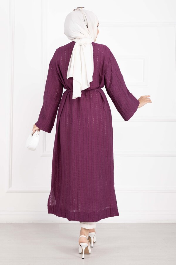 Gold Düğmeli Bağcıklı Uzun Kimono Mürdüm - 4