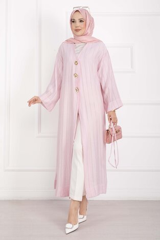 Gold Düğmeli Bağcıklı Uzun Kimono Pembe - Thumbnail