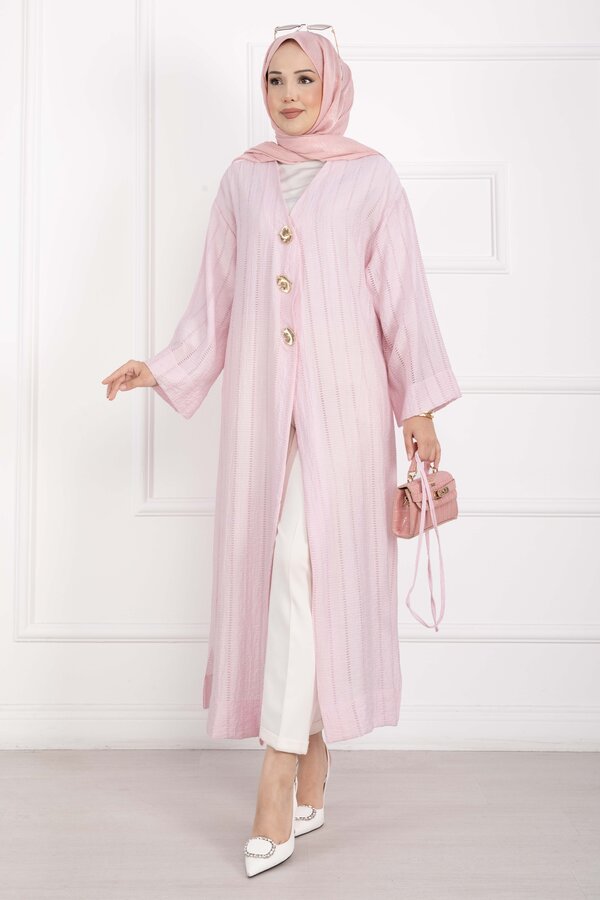 Gold Düğmeli Bağcıklı Uzun Kimono Pembe - 3