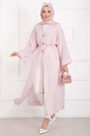 Gold Düğmeli Bağcıklı Uzun Kimono Pembe