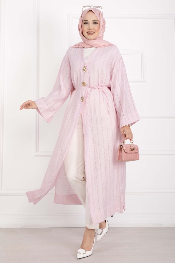 MD - Gold Düğmeli Bağcıklı Uzun Kimono Pembe