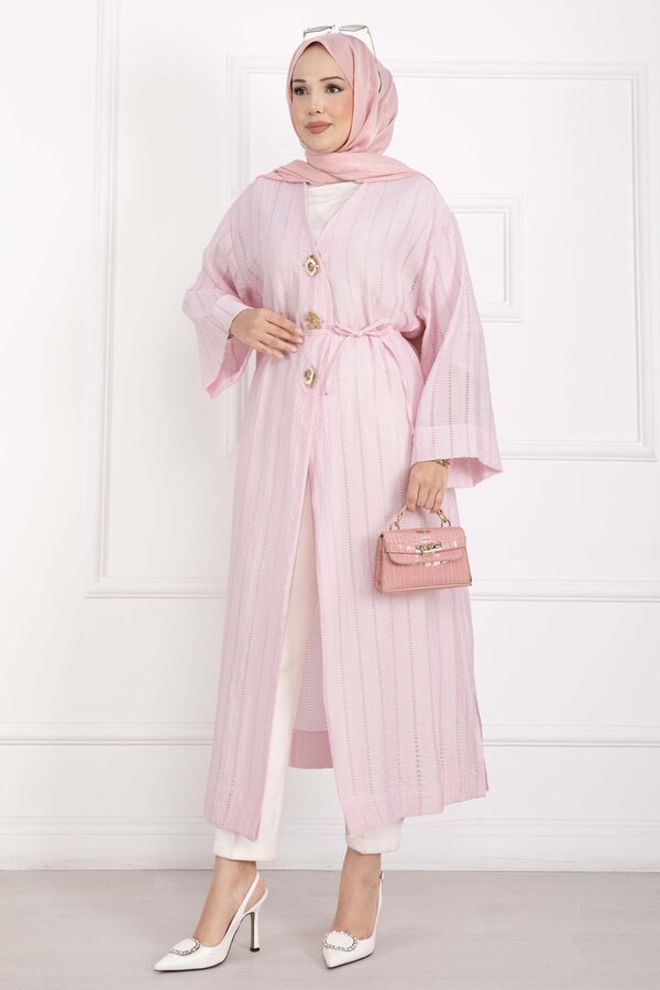 Gold Düğmeli Bağcıklı Uzun Kimono Pembe - 4