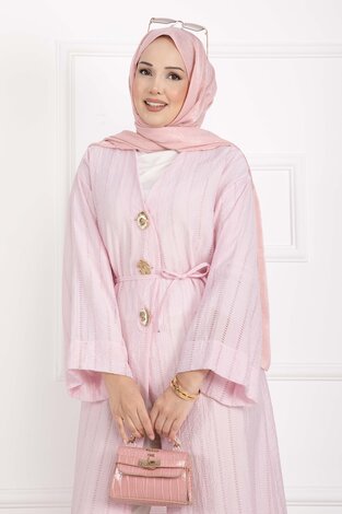 Gold Düğmeli Bağcıklı Uzun Kimono Pembe - Thumbnail