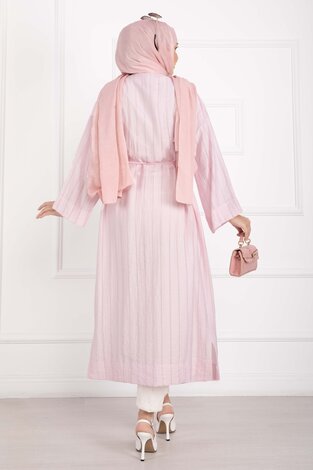 Gold Düğmeli Bağcıklı Uzun Kimono Pembe - Thumbnail