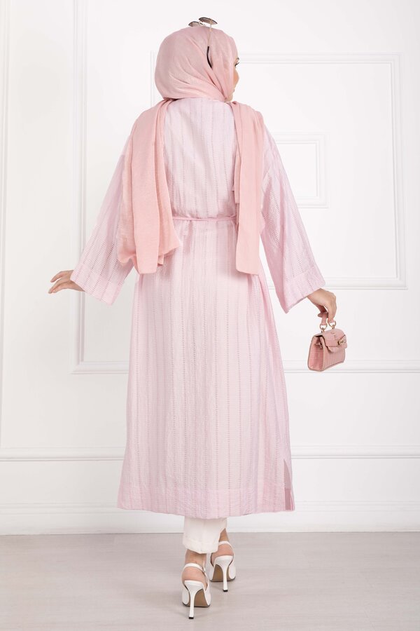 Gold Düğmeli Bağcıklı Uzun Kimono Pembe - 5