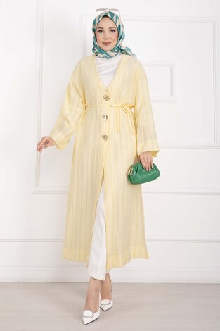 Gold Düğmeli Bağcıklı Uzun Kimono Sarı