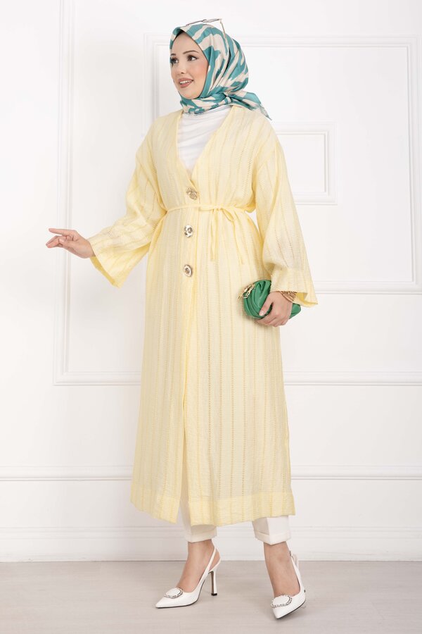 Gold Düğmeli Bağcıklı Uzun Kimono Sarı - 4