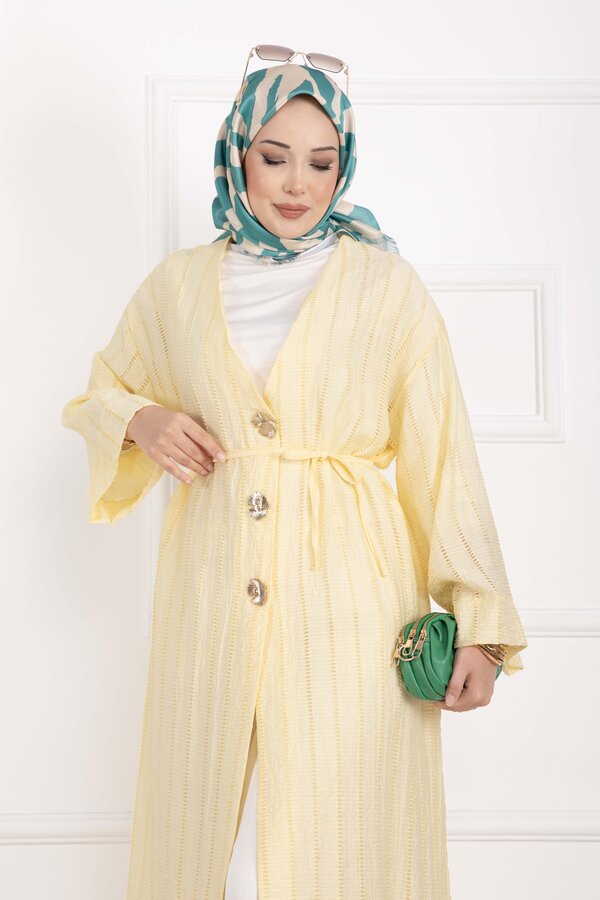 MD - Gold Düğmeli Bağcıklı Uzun Kimono Sarı (1)