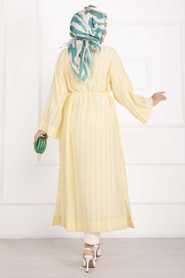 Gold Düğmeli Bağcıklı Uzun Kimono Sarı - 5