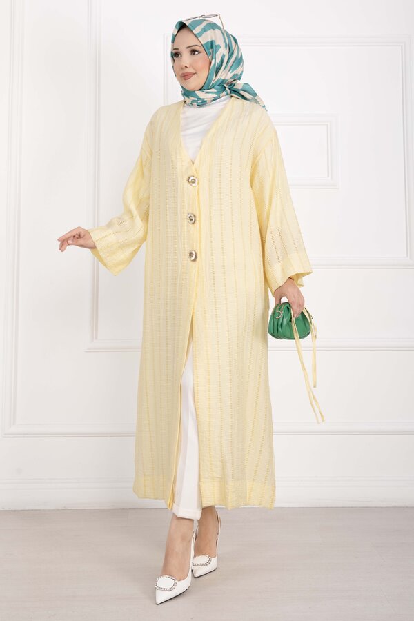 Gold Düğmeli Bağcıklı Uzun Kimono Sarı - 3