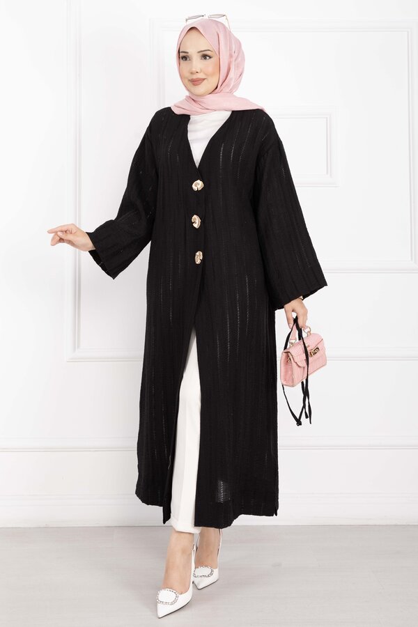Gold Düğmeli Bağcıklı Uzun Kimono Siyah - 3