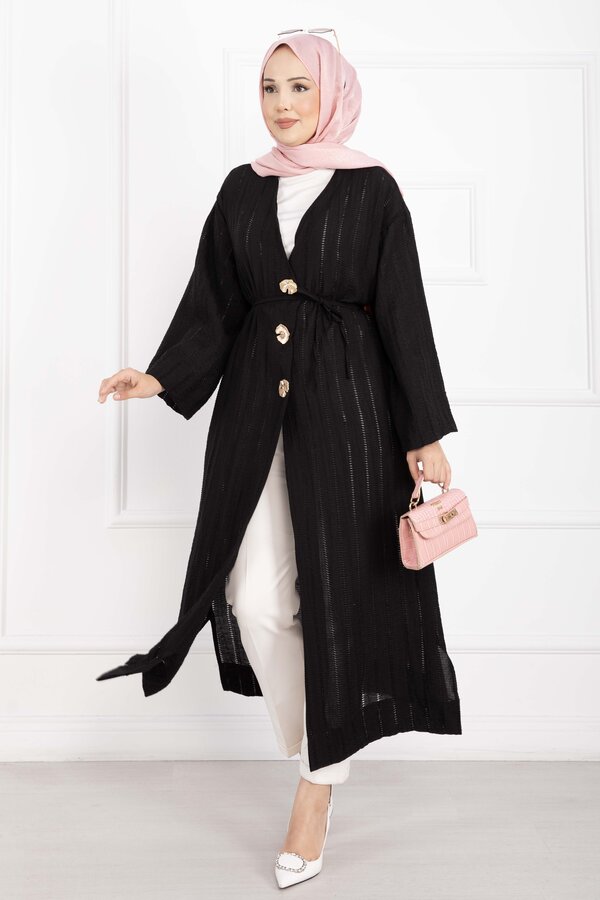 Gold Düğmeli Bağcıklı Uzun Kimono Siyah - 4