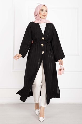 Gold Düğmeli Bağcıklı Uzun Kimono Siyah