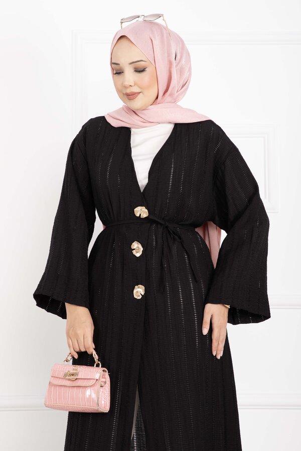 MD - Gold Düğmeli Bağcıklı Uzun Kimono Siyah (1)