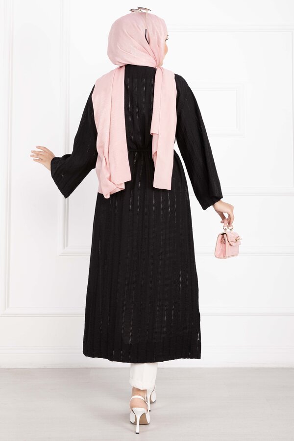 Gold Düğmeli Bağcıklı Uzun Kimono Siyah - 5