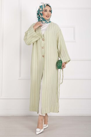 Gold Düğmeli Bağcıklı Uzun Kimono Yeşil Olive - Thumbnail