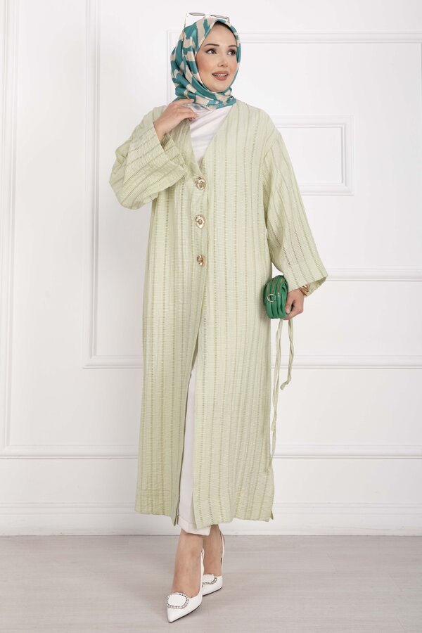 Gold Düğmeli Bağcıklı Uzun Kimono Yeşil Olive - 3