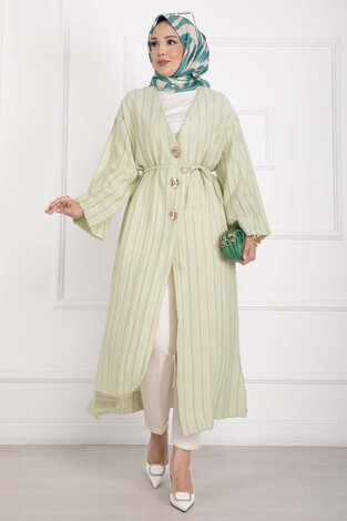 Gold Düğmeli Bağcıklı Uzun Kimono Yeşil Olive