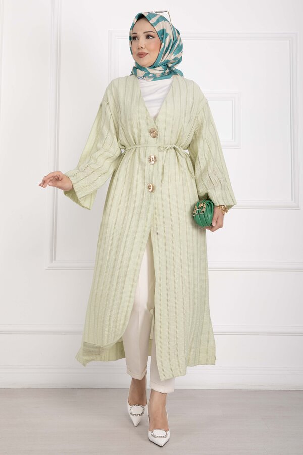 MD - Gold Düğmeli Bağcıklı Uzun Kimono Yeşil Olive