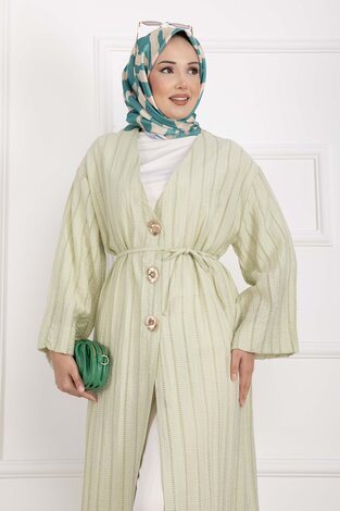 Gold Düğmeli Bağcıklı Uzun Kimono Yeşil Olive - Thumbnail