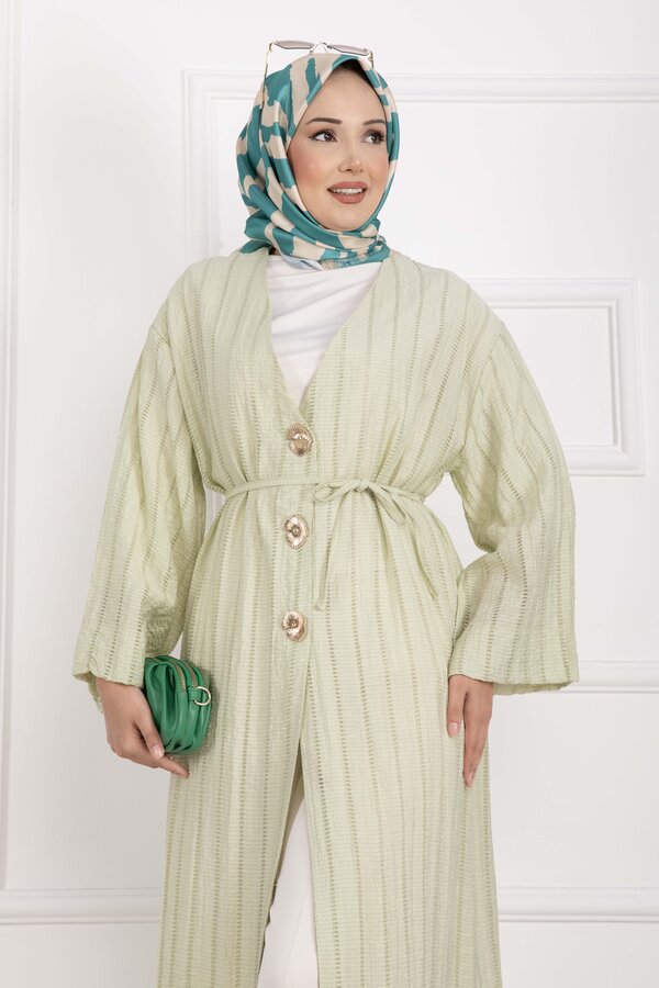 MD - Gold Düğmeli Bağcıklı Uzun Kimono Yeşil Olive (1)