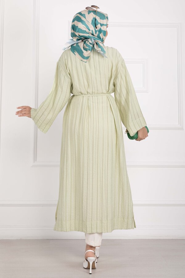 Gold Düğmeli Bağcıklı Uzun Kimono Yeşil Olive - 5