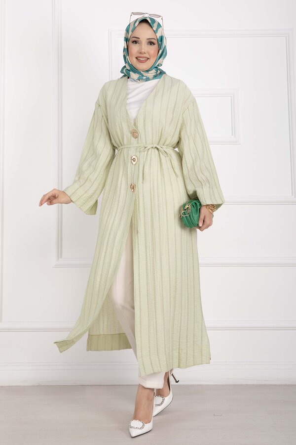 Gold Düğmeli Bağcıklı Uzun Kimono Yeşil Olive - 4
