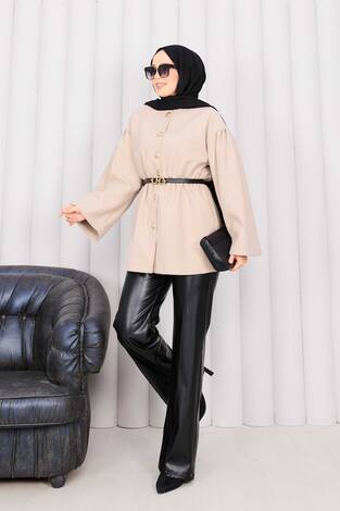 Gold Düğmeli Beli Büzgülü Kaşe Kap Bej - Thumbnail