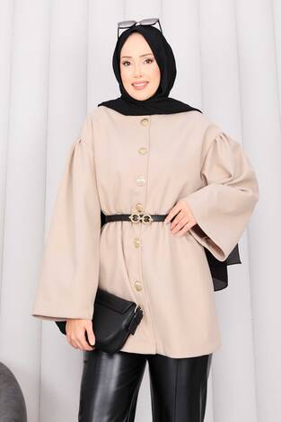 Gold Düğmeli Beli Büzgülü Kaşe Kap Bej - Thumbnail