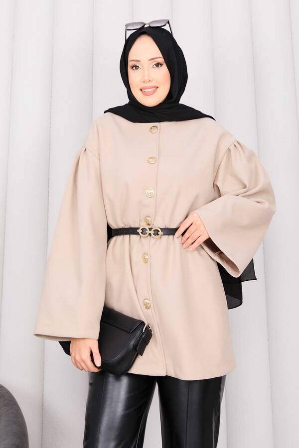 MD - Gold Düğmeli Beli Büzgülü Kaşe Kap Bej (1)